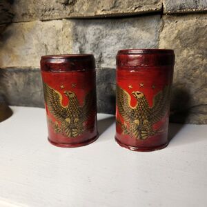Vtg Set Of 2 Mid Century Patriotic Eagle Canister Matches Box Tin Container USA